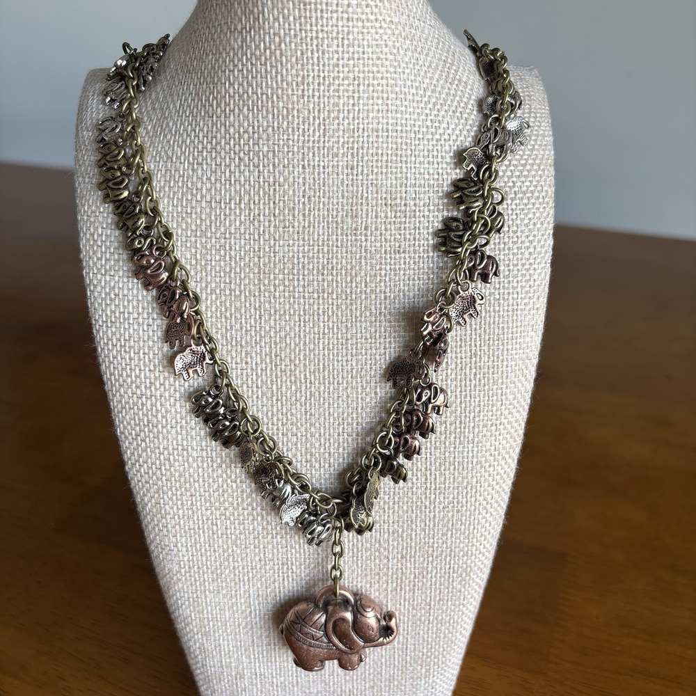 Chunky Elephant Parade Charm Necklace Novelty Faux Copper Necklace 22"